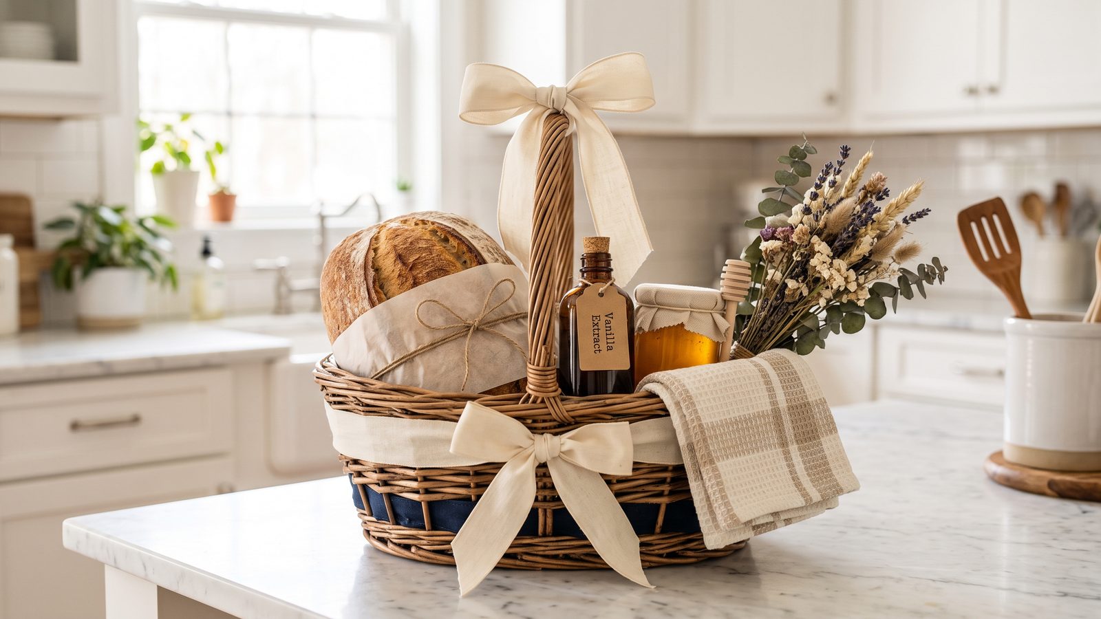 A woven hamper with a sourdough loaf, homemade vanilla extract, honey, a linen towel and dried wildflowers on white marble