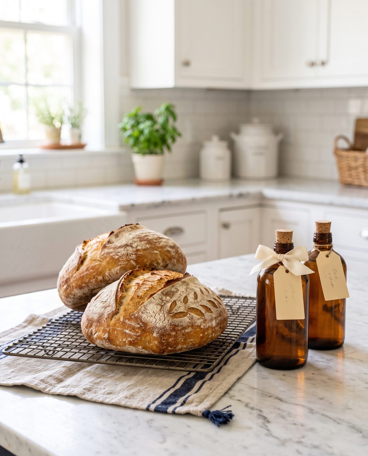 Sourdough loaves and bottles of homemade vanilla extract